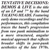 Talking Heads - Tentative Decisions: Demos & Live LP+7"